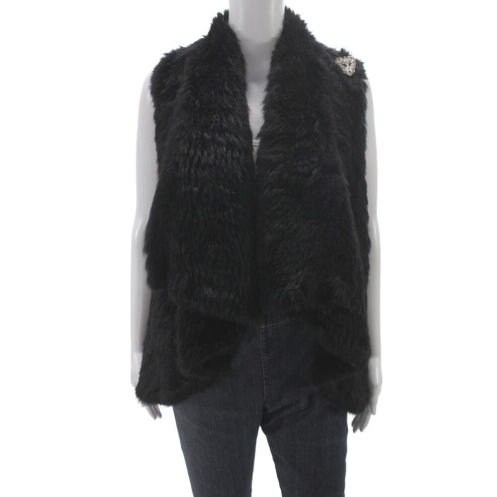 Alice + Olivia Womens Black Rabbit Fur Vest Sleeveless Luxury Size S